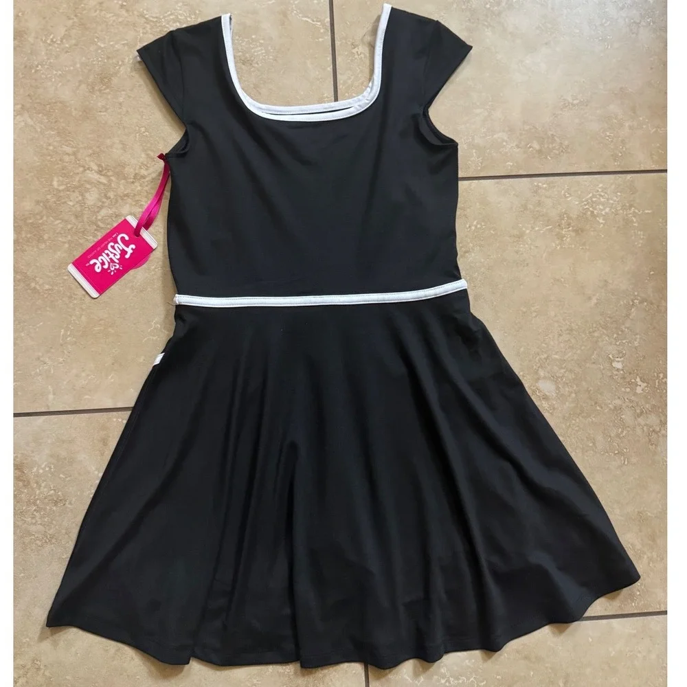 Justice Dress Girls L 12/14 Black White Sporty Active Built-in Shorts Pocket NEW
